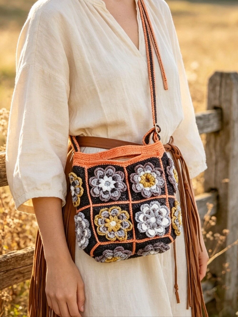 Handmade granny square Tote,Boho Crossbody Bag, Handwoven Bohemian Purse